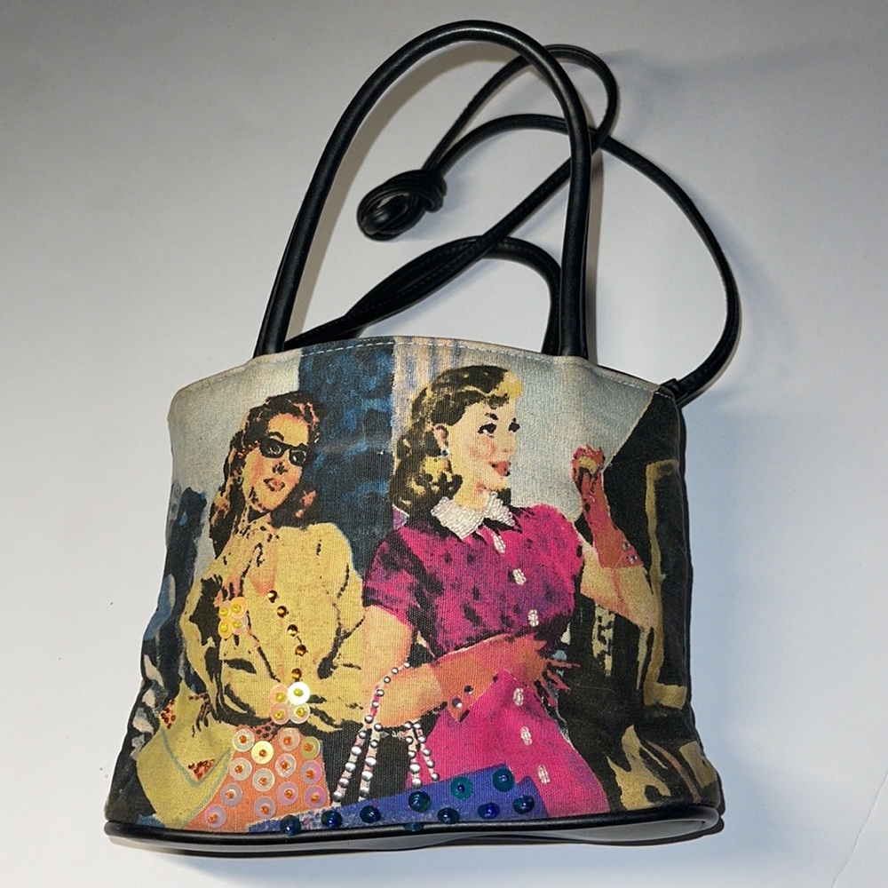 Bueno bags top handles & crossbody strap rhinestones on one side two woman print